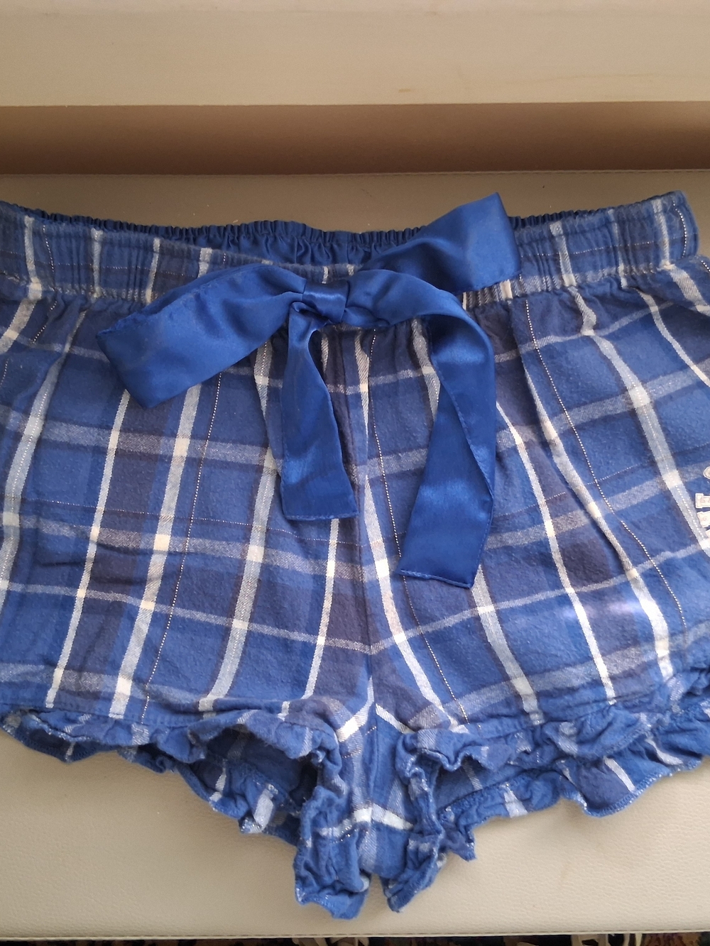 Blue Plaid Women's Sleep Shorts with Satin Waist Tie